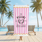 Gepersonaliseerde strandhanddoek met naam in gestreepte Pool Club exclusieve lidmaatschapsstijl zomervakantie  en verjaardagscadeau voor familie