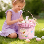 Personalised Cute Bunny Plaid Easter Basket with Name Initial and Ruffles Eggs Hunting Party Easter Gift for Kids