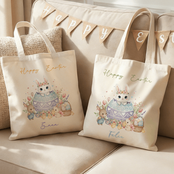 Personalised Happy Easter Egg Bunny Reusable Canvas Bag with Name Daily Use Easter Gift for Kids Women
