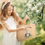 Personalised Happy Easter Bunny Large Jute Tote Bag with Name and Text Easter Party Gift for Boys Girls