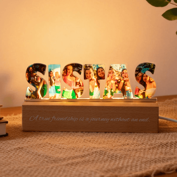 Personalisierte Bestie Text Fotos Acryl LED Nachtlicht mit Text und hölzerne Basis Geburtstag Jahrestag Geschenk für Besties Schwestern