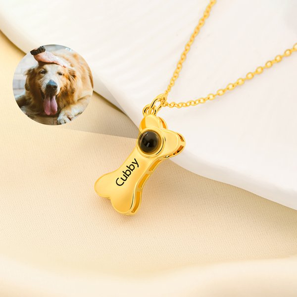 Personalised Dog Bone Photo Projection Necklace with Name Dainty Jewellery Birthday Gift for Pet Lover Owner