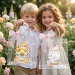 Personalisierte Floral Tiere klar Geschenk Tasche mit Namen und rosa Schleife Band Urlaub behandeln Verpackung Eier Jagd Ostern Party Favors Geschenk für Kinder