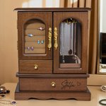 Personalised Multi-Compartment Retro Bookcase Design Wooden Armoire Jewellery Box with Name and Initial Birthday Valentine's Day Wedding Gift for Women
