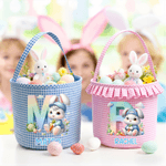 Personalizada Cute Cartoon Rabbit Initial Easter Plaid Basket with Ruffles and Name Egg Hunting Party Easter Gift for Kids