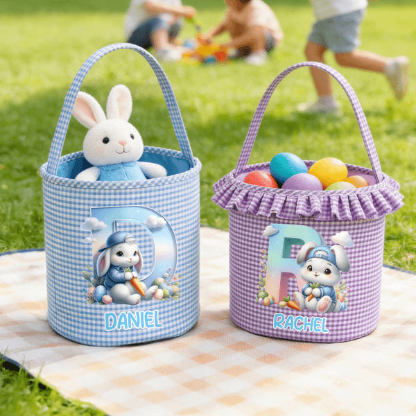 Personalizada Cute Cartoon Rabbit Initial Easter Plaid Basket with Ruffles and Name Egg Hunting Party Easter Gift for Kids