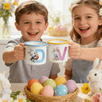 Personalized Cartoon Sports Rabbit Initial 12 oz Colored Rim Enamel Mug with Name Easter Party Gift for Boys Girls