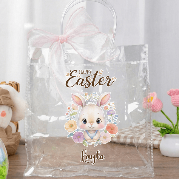 Personalized Floral Animals Clear Gift Bag with Name and Pink Bow Ribbon Holiday Treat Packaging Eggs Hunting Easter Party Favors Gift for Kids