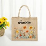Personalized Birth Flower Large Jute Tote Bag with Name Birthday Anniversary Gift for Women