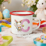 Personalized Cartoon Sports Rabbit Initial 12 oz Colored Rim Enamel Mug with Name Easter Party Gift for Boys Girls