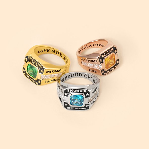 Personalized High School College Class Ring with Birthstone and Engraved Text Graduation Anniversary Gift for Graduates