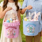 Personalised Cute Faux-Yarn Effect Bunny Carrot Flower Plaid Easter Basket with Name Daily Use Happy Easter Gift for Boys Girls