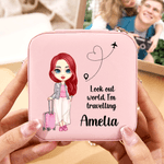 Personalizzato Carino personaggio dei cartoni animati Scatola portagioie in pelle PU con testo e nome Regalo essenziale di compleanno e anniversario per le donne