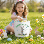 Cestino pasquale in tela con nome e testo personalizzato Happy Easter Bunny Design Cestino pasquale in tela di grande capacità con nome e testo Regalo per la festa della caccia alle uova di Pasqua per