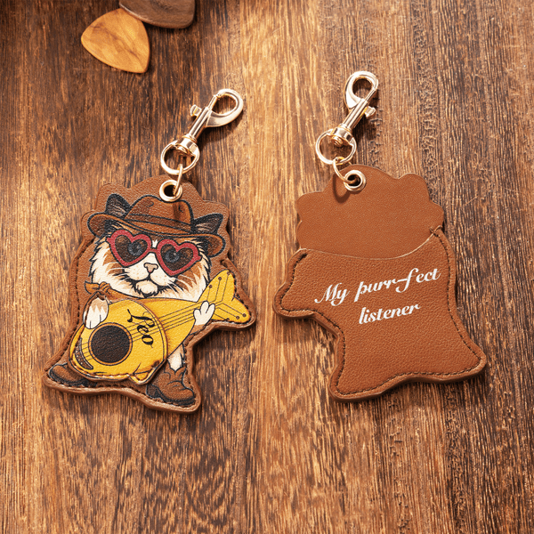 Personalized Cute Cat Guitar Pick Keychain with Name and Text Daily Use Birthday Gift for Guitar Cat Lovers