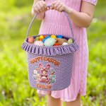 Personalised Cute Faux-Yarn Effect Bunny Carrot Flower Plaid Easter Basket with Name Daily Use Happy Easter Gift for Boys Girls