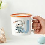 Personalized Cartoon Sports Rabbit Initial 12 oz Colored Rim Enamel Mug with Name Easter Party Gift for Boys Girls