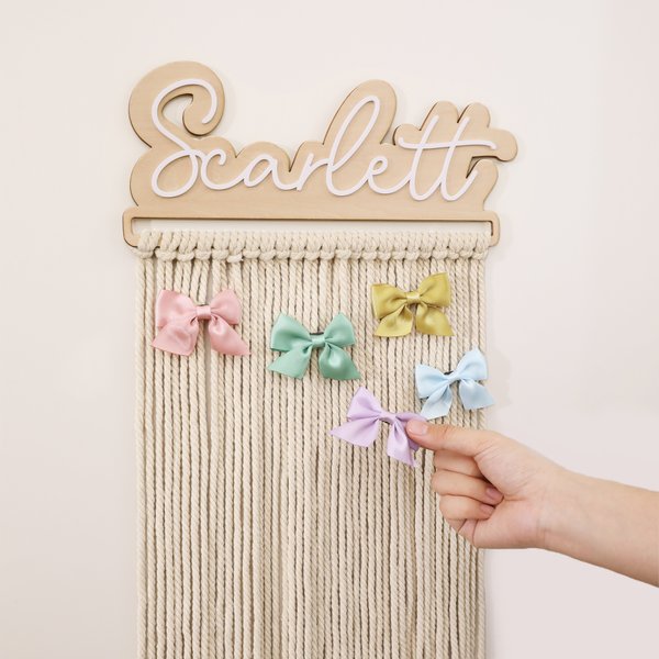 Gepersonaliseerde Bohemian-stijl houten haarstrik houder met naam Kinderkamer Decor Dagelijks gebruik Verjaardagscadeau voor meisjes