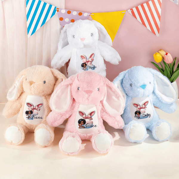 Personalised Easter Black Girl Rabbit Ears Bow Initial Soft Bunny Plush Stuffed Toy with Name First Easter Gift for Newborns Kids