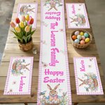 Personalized Watercolor Style Easter Bunny Table Runner and Matching Placemats Set with Family Name Dining Table Decor Easter Gift for Family Friends