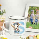 Personalized Cartoon Sports Rabbit Initial 12 oz Colored Rim Enamel Mug with Name Easter Party Gift for Boys Girls
