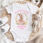 Personalized Cute Bunny Wreath 100% Cotton Baby Bodysuit with Name and Year Easter Party Birthday Gift for Baby