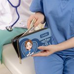 Personalised Vintage Cartoon Nurse Doctor Character PU Leather Hand Wallet with Name and Text Birthday Appreciation Gift for Medical Staff