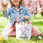 Cestino pasquale in tela con nome e testo personalizzato Happy Easter Bunny Design Cestino pasquale in tela di grande capacità con nome e testo Regalo per la festa della caccia alle uova di Pasqua per