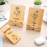 Personalised Birth Flower Portable Detachable Bamboo Phone Stand Ipad Holder with Name Desk Organizer Daily Use Birthday Gift for Women