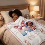 Personalized Cartoon Black Girl Soft Throw Blanket with Name Home Decor Easter Birthday Gift for Girls