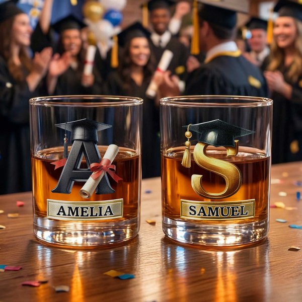 Personalised Graduation Cap Initial 10 oz Whiskey Glass with Name Birthday Graduation Gift for Graduates Whiskey Lovers