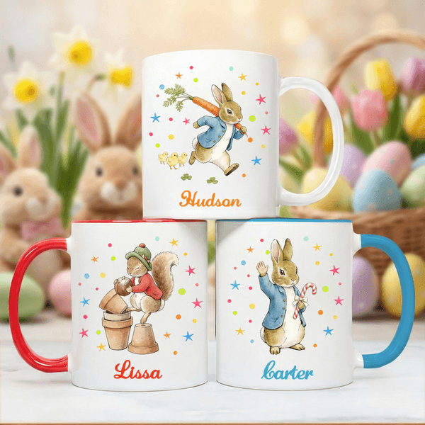 Personalized Cute Peter Rabbit Duck Sheep Multicolor 11/15 oz Ceramic Mug with Name and Coaster Easter Birthday Gift for Kids