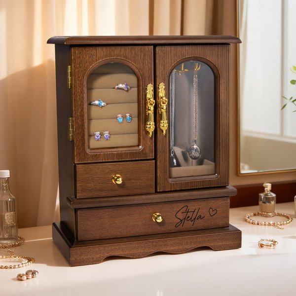 Personalized Multi-Compartment Retro Bookcase Design Wooden Armoire Jewellery Box with Name and Initial Birthday Valentine's Day Wedding Gift for Women