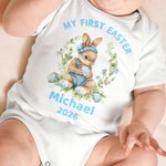 Personalized Cute Bunny Wreath 100% Cotton Baby Bodysuit with Name and Year Easter Party Birthday Gift for Baby