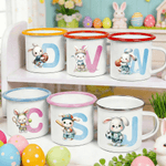 Personalised Cartoon Sports Rabbit Initial 12 oz Coloured Rim Enamel Mug with Name Easter Party Gift for Boys Girls