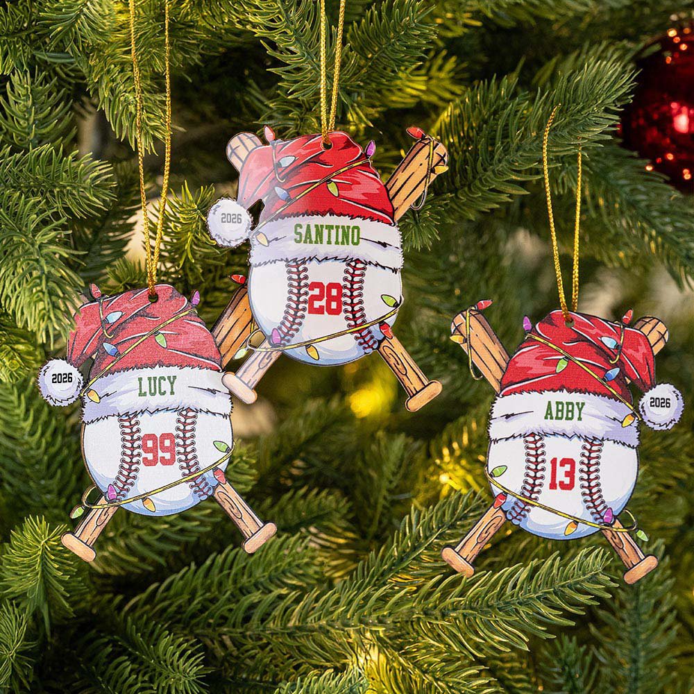 Ornement de Noël personnalisé en forme de chapeau de père Noël avec nom, numéro et année Décoration de l'arbre de Noël pour les amateurs de baseball 3