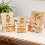 Personalised Birth Flower Portable Detachable Bamboo Phone Stand Ipad Holder with Name Desk Organizer Daily Use Birthday Gift for Women
