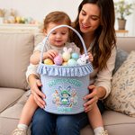 Personalised Cute Faux-Yarn Effect Bunny Carrot Flower Plaid Easter Basket with Name Daily Use Happy Easter Gift for Boys Girls