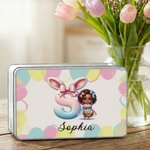 Personalised Cute Black Girl Bunny Initial Biscuit Tin Box with Text Storage Accessories Easter Party Gift for Girls