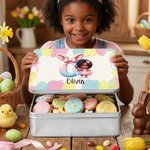 Personalised Cute Black Girl Bunny Initial Biscuit Tin Box with Text Storage Accessories Easter Party Gift for Girls