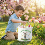 Cestino pasquale in tela con nome e testo personalizzato Happy Easter Bunny Design Cestino pasquale in tela di grande capacità con nome e testo Regalo per la festa della caccia alle uova di Pasqua per
