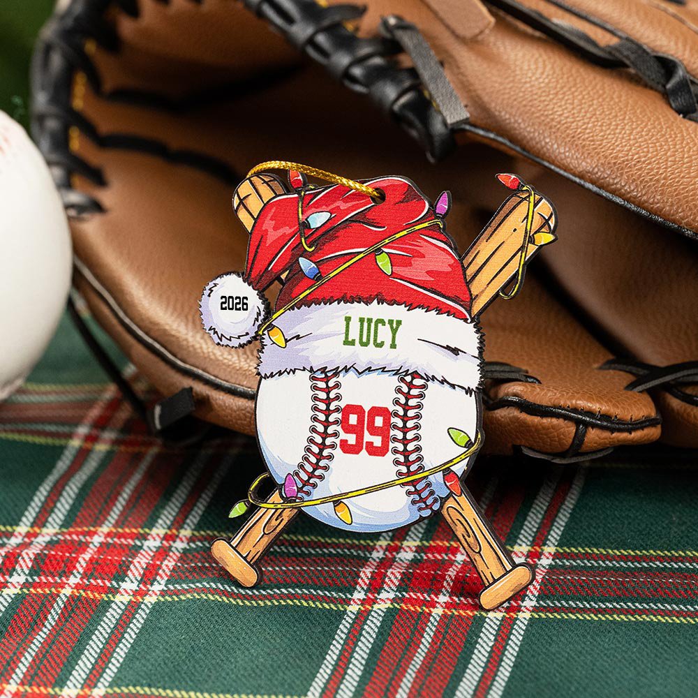 Ornement de Noël personnalisé en forme de chapeau de père Noël avec nom, numéro et année Décoration de l'arbre de Noël pour les amateurs de baseball 2