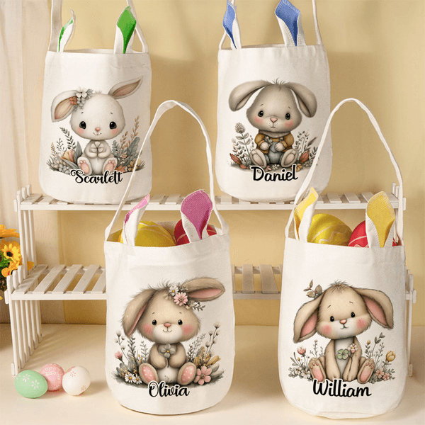 Personalized Cute Rabbit Flower Bunny Ears Easter Basket with Name Easter Day Eggs Hunting Party Gift for Kids