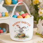 Cestino pasquale in tela con nome e testo personalizzato Happy Easter Bunny Design Cestino pasquale in tela di grande capacità con nome e testo Regalo per la festa della caccia alle uova di Pasqua per