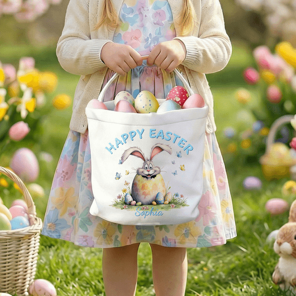 Personalisierte glückliche Ostern Hase Design große Kapazität Leinwand Osterkorb mit Namen und Text Ostereierjagd Party Geschenk für Jungen Mädchen