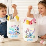 Cestino di Pasqua personalizzato con il nome del coniglio Cartoon iniziale con orecchie da coniglio, accessorio per la caccia alle uova, regalo di Pasqua per bambini e bambine.