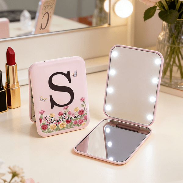 Personalized Birth Flower Butterfly LED Compact Mirror with Name and Initial Wedding Birthday Mother's Day Gift for Women