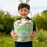 Personalised Cute Faux-Yarn Effect Bunny Carrot Flower Plaid Easter Basket with Name Daily Use Happy Easter Gift for Boys Girls