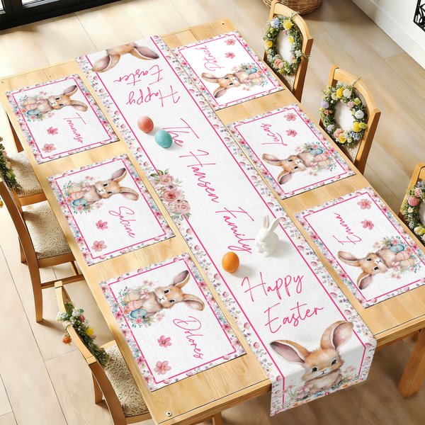 Personlig bordslöpare med påskhare i akvarellstil och matchande placemats med familjenamn Matbordsdekor påskpresent till familj och vänner