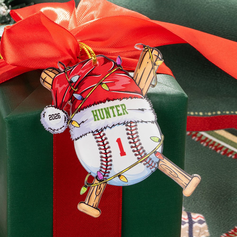 Ornement de Noël personnalisé en forme de chapeau de père Noël avec nom, numéro et année Décoration de l'arbre de Noël pour les amateurs de baseball 4
